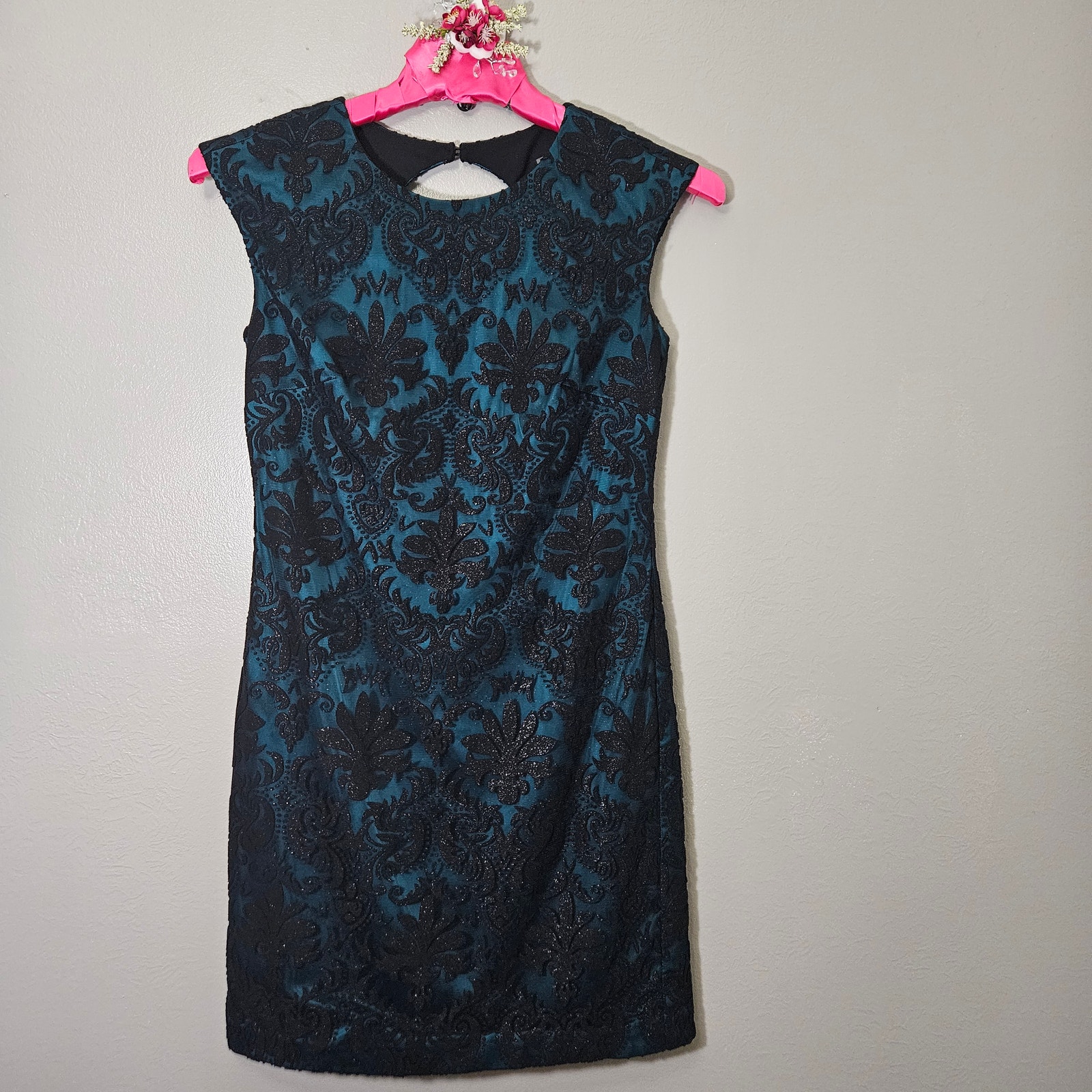 Vince Camuto Sparkle Velvet Burnout Sheath Teal Black Y2k Cocktail Dress Size 2